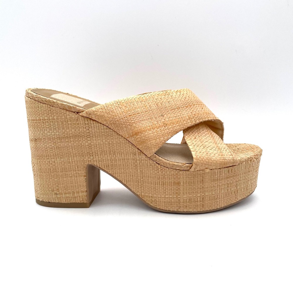 Dolce Vita Eliana Platform Sandals Womens 6.5 Natural Tan Rattan Woven Mules